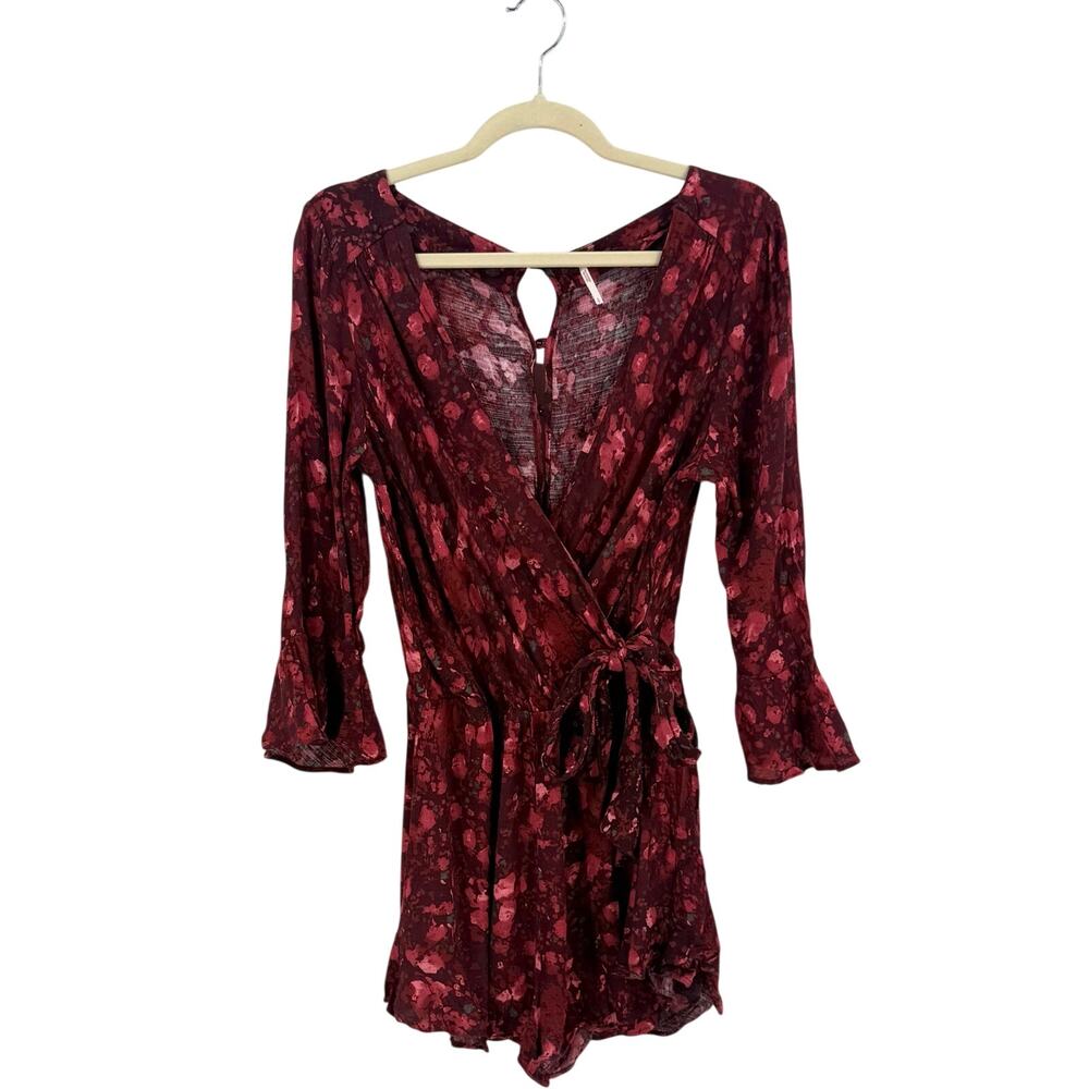 Free People Raven Combo Floral Wrap Romper Size Small Crimson Red Bell Sleeve